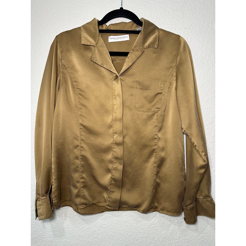 Valerie Stevens Petites Pure Silk Blouse Gold Bronze Button Down Shirt 12P L